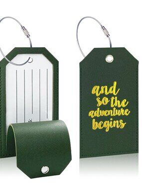 NEW Hunter Green PU Leather AND SO THE ADVENTURE BEGINS Privacy Luggage Tags x 2